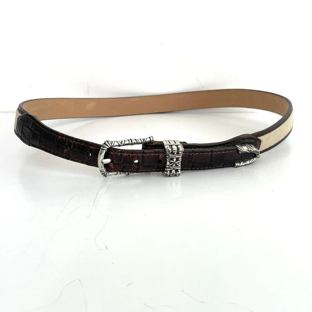 Brighton Womens Brown Croc Embossed Leather Canvas Belt Silver Buckle Size 32